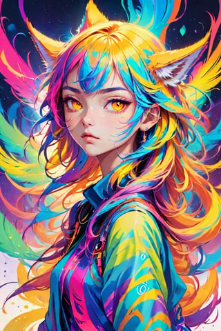 Leonardo Style, illustration, no humans, looking at viewer, yellow eyes, solo, portrait,vector art, wolf, add more neon colours and make it more colourful, glowing colours, neon paint, splash,sharp,clear,1_guys