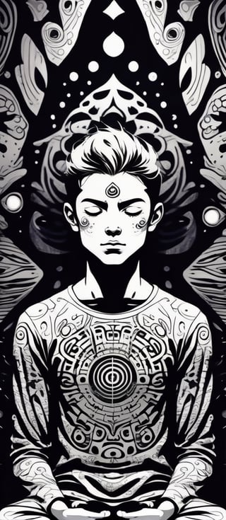 A young person meditating in a strange room  psychedelic, repetitive patterns with eyes surrounding in walls and background the character, 2D, ink, handmade design, vintage art, dark atmosphere, complex background, mystical, spiritual trippy