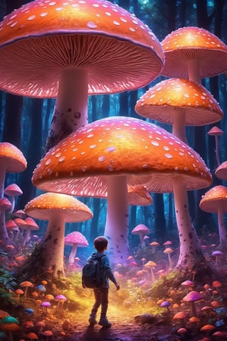 fantasy00d, a kid playing in a mushroom forest, glowing light ,  neon lighting , glwing mushrooms , vibrant colors