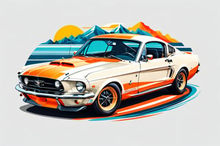 artwork of t-shirt graphic design, flat design of one retro ,retro car ,colorfull shades, highly detailed clean, vector image, photorealistic masterpiece, professional photography, simple sunrise backdrop , flat white background, isometric, vibrant vector((white background)),americal mucle car, mustang GT500