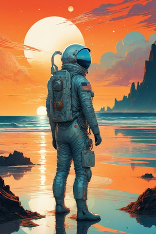 An futuristic astronaut looking at sea standing on beach with sunset in background infographic with illustrations, by victo ngai, kilian eng moody colours, dynamic lighting, digital art, winning award masterpiece, fantastically beautiful, illustration, aesthetically style of Stephan Martiniere, beksinski, trending