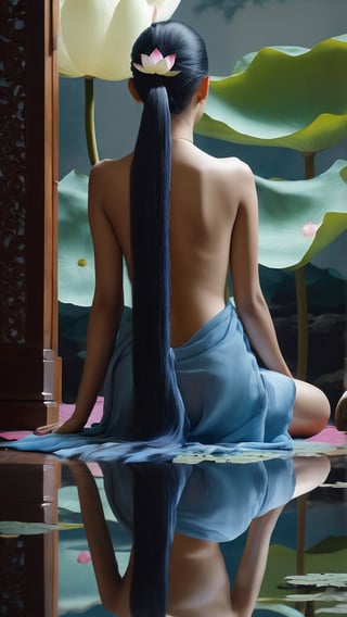 ((best quality)), ((masterpiece)), (detailed), (realistic),NYFlowerGirl, solo, sitting, 1girl, long hair, from behind, nude, flower, reflection, indian style, back, ponytail, very long hair, blue skin, lotus, facing away
