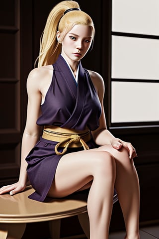 Realistic , masterpiece, beautifull girl, blond hair, long_ponytail , half body image , kunoichi, sitting_down