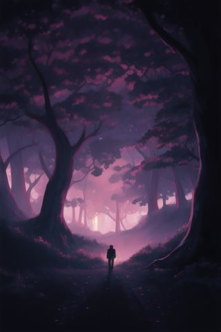 Man standing amidst a dark forest, Trees, Dark_atmosphere::3, purple atmosphere, black_clouds
