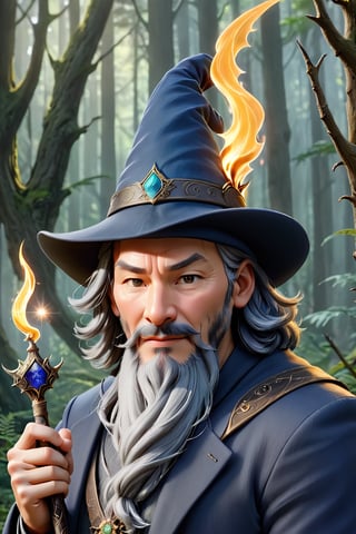 keanu reeves as an old wizard holding his black fire magic staff, full body, white beard, gray hair, in a magical forest full of fairies and magical creatures, night, 3d style, bloom, cinematic, anamorphic lens, lens flare, brightness, yellow and orange and red color gradation, no game no life style