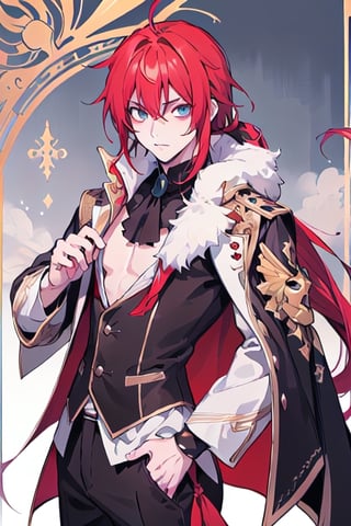rias gremory style,young boy, Venetian mask,long red pony tail,cool,gremory