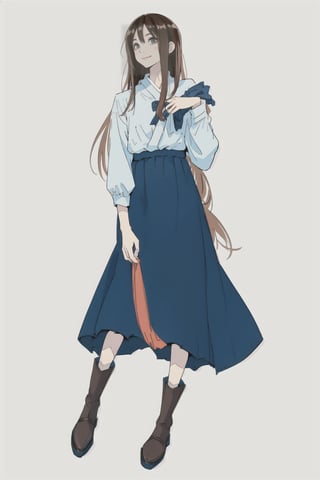 (best quality),masterpiece,simpe face,manga,brown-hair,long_hair,cowboy_shot,casual cloth and long skirt,flat style,simple_background,white background,napata,ohara koson,inksketch