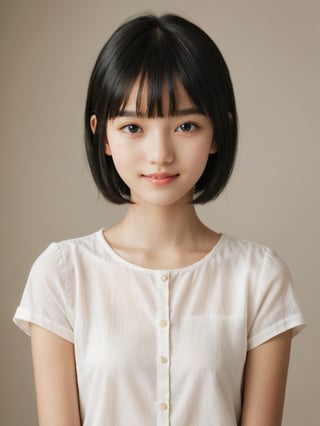 A photorealistic digital portrait of a fashion model with short, straight black hair, bangs, and a side part. (Age 15-17:1.8). She has a gentle smile, light makeup, and is wearing a white shirt. The background is soft-focused with a neutral color palette, emphasizing the subject. The lighting is soft and diffused, highlighting her features and giving the image a warm, inviting atmosphere.

More Reasonable Details,aesthetic portrait,FilmGirl,hubggirl