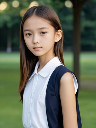 a half-body portrait photo of a German-Japanese fashion model, (age 12-15:2), (dynamic pose:1.3), upper body, close up, gorgeous face, highly detailed face, smooth soft skin, looking at viewer, (from side:0.9), make up, (pubescent girl, short girl, slender girl, very thin:1.2), (summer school uniform:1.1), (outdoors, in deserted park, in the morning, dark background:1.4)