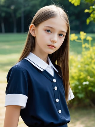 a half-body portrait photo of a Russian fashion model, (age 12-15:2), (dynamic pose:1.3), upper body, close up, gorgeous face, highly detailed face, smooth soft skin, looking at viewer, (from side:0.9), make up, (pubescent girl, short girl, slender girl, very thin:1.2), (summer school uniform:1.1), (outdoors, in deserted park, in the morning, dark background:1.4)