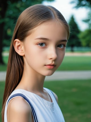 a half-body portrait photo of a Russian fashion model, (age 12-15:2), (dynamic pose:1.3), upper body, close up, gorgeous face, highly detailed face, smooth soft skin, looking at viewer, (from side:0.9), make up, (pubescent girl, short girl, slender girl, very thin:1.2), (summer school uniform:1.1), (outdoors, in deserted park, in the morning, dark background:1.4)