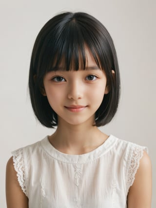 A photorealistic digital portrait of a young girl with short, straight black hair, bangs, and a side part. (Age 13-17:1.8). She has a gentle smile, light makeup, and is wearing a white shirt. The background is soft-focused with a neutral color palette, emphasizing the subject. The lighting is soft and diffused, highlighting her features and giving the image a warm, inviting atmosphere.

More Reasonable Details,aesthetic portrait,FilmGirl,hubggirl