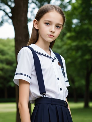 a half-body portrait photo of a German-Russian fashion model, (age 12-15:2), (dynamic pose:1.3), upper body, close up, gorgeous face, highly detailed face, smooth soft skin, looking at viewer, (from side:0.9), make up, (pubescent girl, short girl, slender girl, very thin:1.2), (summer school uniform:1.1), (outdoors, in deserted park, in the morning, dark background:1.4)