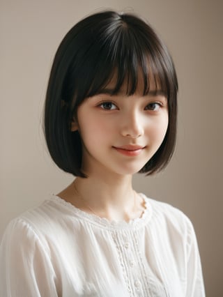 A photorealistic digital portrait of a Russian female  with short, straight black hair, bangs, and a side part. (Age 15-17:1.8). She has a gentle smile, light makeup, and is wearing a white shirt. The background is soft-focused with a neutral color palette, emphasizing the subject. The lighting is soft and diffused, highlighting her features and giving the image a warm, inviting atmosphere.

More Reasonable Details,aesthetic portrait,FilmGirl,hubggirl