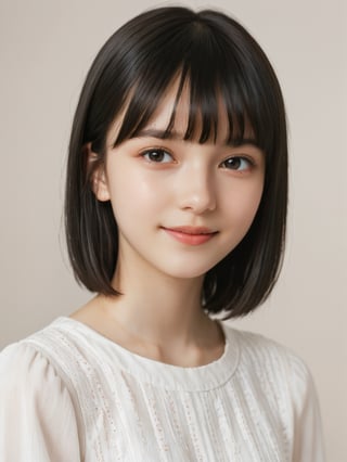 A photorealistic digital portrait of a young Russian girl with short, straight black hair, bangs, and a side part. (Age 15-17:1.8). She has a gentle smile, light makeup, and is wearing a white shirt. The background is soft-focused with a neutral color palette, emphasizing the subject. The lighting is soft and diffused, highlighting her features and giving the image a warm, inviting atmosphere.

More Reasonable Details,aesthetic portrait,FilmGirl,hubggirl