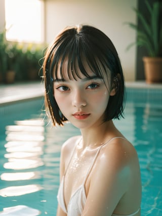A photorealistic digital portrait of a fashion model with short, straight black hair, bangs, and a side part. (Age 15-17:1.8). She has a gentle smile, light makeup, and is wearing a white bikini. The background is soft-focused with a neutral color palette, emphasizing the subject. The lighting is soft and diffused, highlighting her features and giving the image a warm, inviting atmosphere. (In a luxurious swimming pool:1.3)

More Reasonable Details,aesthetic portrait,FilmGirl,hubggirl