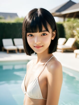 A photo portrait of a fashion model with short, straight black hair, bangs, and a side part. (Age 15-17:1.8). She has a gentle smile, light makeup, and is wearing a white bikini. The background is soft-focused with a neutral color palette, emphasizing the subject. The lighting is soft and diffused, highlighting her features and giving the image a warm, inviting atmosphere. (In a luxurious swimming pool:1.3)

More Reasonable Details,aesthetic portrait,FilmGirl,hubggirl,more detail XL