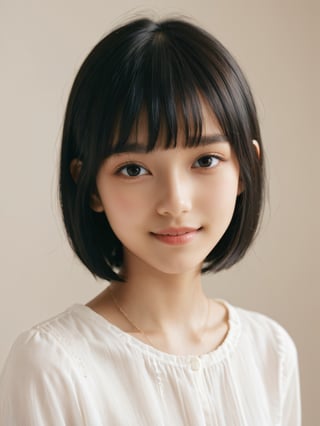 A photorealistic digital portrait of a fashion model with short, straight black hair, bangs, and a side part. (Age 15-17:1.8). She has a gentle smile, light makeup, and is wearing a white shirt. The background is soft-focused with a neutral color palette, emphasizing the subject. The lighting is soft and diffused, highlighting her features and giving the image a warm, inviting atmosphere.

More Reasonable Details,aesthetic portrait,FilmGirl,hubggirl
