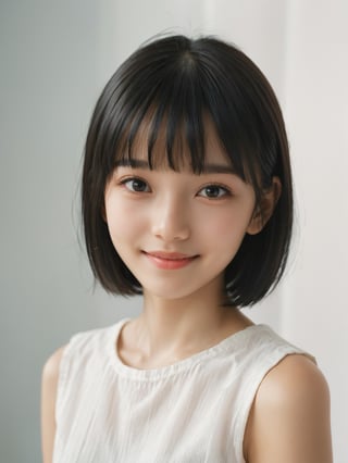 A photorealistic digital portrait of a young girl with short, straight black hair, bangs, and a side part. She has a gentle smile, light makeup, and is wearing a white shirt. The background is soft-focused with a neutral color palette, emphasizing the subject. The lighting is soft and diffused, highlighting her features and giving the image a warm, inviting atmosphere.

More Reasonable Details,aesthetic portrait,FilmGirl,hubggirl
