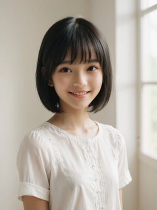 A photorealistic digital portrait of a young girl with short, straight black hair, bangs, and a side part. She has a gentle smile, light makeup, and is wearing a white shirt. The background is soft-focused with a neutral color palette, emphasizing the subject. The lighting is soft and diffused, highlighting her features and giving the image a warm, inviting atmosphere.

More Reasonable Details,aesthetic portrait,FilmGirl,hubggirl