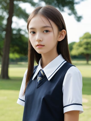 a half-body portrait photo of a fashion model, (age 12-15:1.2), (dynamic pose:1.3), upper body, close up, gorgeous face, highly detailed face, smooth soft skin, looking at viewer, (from side:0.9), make up, (pubescent girl, short girl, slender girl, very thin:1.2), (summer school uniform:1.1), (outdoors, in deserted park, in the morning, dark background:1.4),

More Reasonable Details,