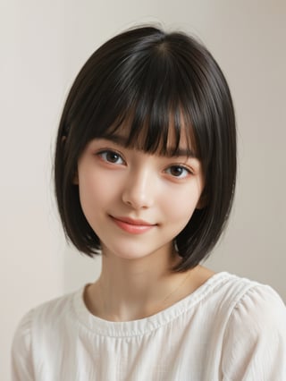 A photorealistic digital portrait of a Russian female  with short, straight black hair, bangs, and a side part. (Age 15-17:1.8). She has a gentle smile, light makeup, and is wearing a white shirt. The background is soft-focused with a neutral color palette, emphasizing the subject. The lighting is soft and diffused, highlighting her features and giving the image a warm, inviting atmosphere.

More Reasonable Details,aesthetic portrait,FilmGirl,hubggirl