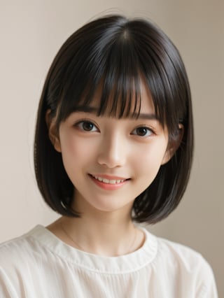 A photorealistic digital portrait of a young girl with short, straight black hair, bangs, and a side part. She has a gentle smile, light makeup, and is wearing a white shirt. The background is soft-focused with a neutral color palette, emphasizing the subject. The lighting is soft and diffused, highlighting her features and giving the image a warm, inviting atmosphere.

More Reasonable Details,aesthetic portrait,FilmGirl,hubggirl