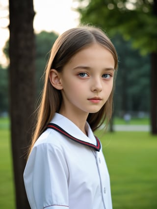 a half-body portrait photo of a German-Russian fashion model, (age 12-15:2), (dynamic pose:1.3), upper body, close up, gorgeous face, highly detailed face, smooth soft skin, looking at viewer, (from side:0.9), make up, (pubescent girl, short girl, slender girl, very thin:1.2), (summer school uniform:1.1), (outdoors, in deserted park, in the morning, dark background:1.4)