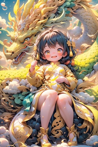 (masterpiece), 1girl, red chinese dress, golden dragon, blush, open mouth, smile