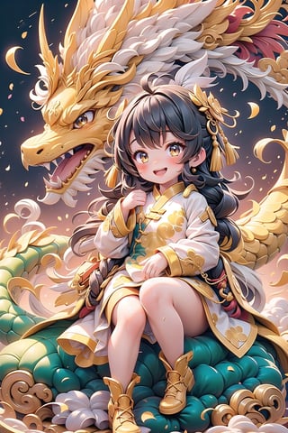 (masterpiece), 1girl, red chinese dress, golden dragon, blush, open mouth, smile