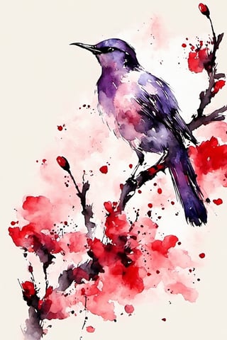 ink, plum flowers, 1bird, red background