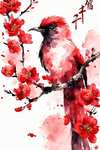 ink, Chinese New Year, plum flowers, 1bird, red background