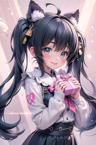 1girl, black low twintail, giving a gift, blush, smile, blouse, light rays, glow, (masterpiece), wallpaper