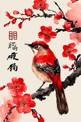 ink, Chinese New Year, plum flower branch, small bird, red background