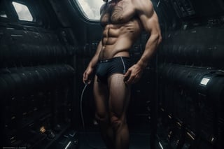 8k, amazing resolution, great resolution, volumetric light, photorealitic, (((masterpiece))), (((best quality))), ((ultra-detailed)), a full body shot of a man standing with helmet on head, wearing underwear,, a naked male with a full face helmet full of wires and light, trunculent helmet on head, he wears black tight boxers, dark hair, perfect body, great eyes, perfect eyes,  interior of a spaceship, view of planet Earth from great distance, perfect nipples, hairy chest, hairy belly, hairy legs, black tight boexers, underwear, highly detailed face,
Ef 24mm f/1,2 USM lens, wide shot, man on the left of the frame, photography style by David LaChapelle,  full body shot, long shot, ,hairy armpits,nakedman,Sexy Muscular,photo of perfecteyes eyes,Male underwear, ,handsome italian boy,penis, spanish male,perfecteyes eyes,bird 's-eye view,hairy,Catrina