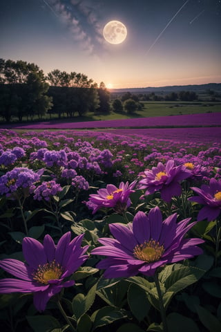 A majestic, velvety purple flower blooms beneath the radiant glow of a full moon, its delicate petals illuminated by the soft, lunar light. The surrounding open field stretches out in a serene, photorealistic expanse, with the distant landscape fading into a gentle haze. The camera captures this breathtaking scene from a far-away perspective, emphasizing the flower's solitary beauty against the vast, starry night sky.