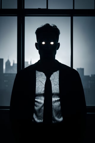 A man's silhouette stands alone in a dimly lit corner, surrounded by an eerie blackness that seems to seep into his very pores. The air is heavy with malice as darkness creeps over him like a shroud, casting long shadows across the floor. Photorealistic details reveal every contour of his tense face, etched with a sense of hatred and loathing. Dark windows yawn open like empty eyes, seeming to draw in the toxic emotions that swirl around him, creating an atmosphere of oppressive dread.,Masterpiece