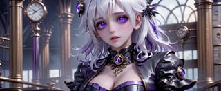 a girl ((white hair)) ((big_black_eyes)), ((black leather outfit)),black and purple halo, high resolution, realism, HZ Steampunk