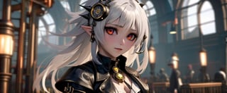 a girl ((white hair)) ((big_black_eyes)), ((black leather outfit)),spike halo on head, high resolution, realism, HZ Steampunk