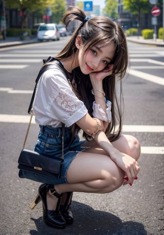  girl sitting on the ground with her hand on her face,cute girl, beautiful  girl squatting, prettygirl, cute girl, attractive  girl, beautifulhigh school girl,  full body illustration, a girl, cute waifu in a nice white miniskirt, long_hair, cute handbag, dark higheels, smiling to the camera,