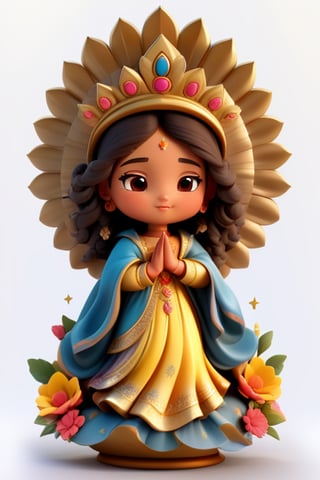 Virgen de Guadalupe, chibi girl,  hands together in prayer,3d figure,3d style, #graphic_art(“an oval-shaped image with a gold border that has a wave design. The background is solid gold, with no details. In the center of the image there is a female figure standing on a silver crescent moon. The crescent moon has a white cherub below, who looks up and holds the crescent moon with his hands. The female figure has brown skin and black hair, which falls over her shoulders. Her face is blurred and her facial features are not distinguished. The female figure wears a pink dress with gold floral motifs. The dress has long sleeves and a high collar. The dress reaches her feet, which are bare and partially seen over the crescent moon. Over the dress, the female figure wears a blue cloak with gold five-pointed stars. The cloak covers her head and shoulders, and falls on both sides to the ground. The cloak has a gold border with a design of flowers and leaves. Around the head of the female figure there are twelve gold rays that form a kind of crown or halo. The rays are straight and have the same length.”)