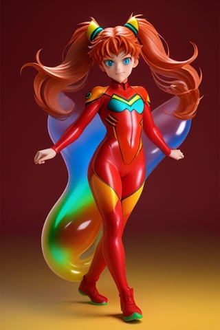 Detailed plastic material, best quality, (very detailed model), (best quality), octane rendering, ray tracing, translucent glossy material, very detailed, 3D toy, exaggerated giant hair, Asuka Langley from evangelion wearing red plugsuit, ((red latex fitted clothes)) (full body) (3D hair,  ((kids)), beautiful blue eyes, cute big eyes, cute face, pastel colors gradient, fluorescent translucent, colorful, plastic, children, transparent, product design , glowing jelly, delicate cute plastic, aesthetic light and shadow 3d, digital art, translucent plastic bubblegum, close-up, 3d, super detailed, generate front view, side view, rear view triple view, borderless, c4d, Octane rendering, Blender , HD, full body, smile, tshirt design, 