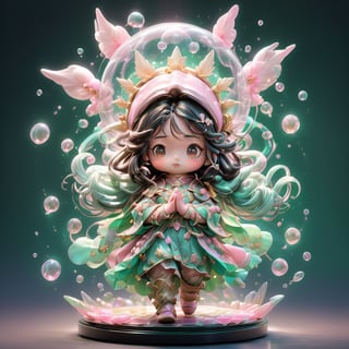 Virgen de Guadalupe, chibi girl, black and long hair inside the long cloak, Her hair is parted in the middle and tucked behind her ears, brown eyes, sweet expression, pink floral tunic, green cloak with golden stars, hands together in prayer, transparent plastic, Mexican colors, glowing jelly, delicate cute plastic, aesthetic light and shadow 3d, digital art, translucent plastic bubble gum effect, light shine,  pastel colors gradient, 3D toy design, triple view without borders, by Tvera and wlop and artgerm, alberto seveso and geo2099 style
,jennierubyjenes,DonMF43XL,chibi,flat design, behind her there are solar rays represented by a circle and pointy golden swords, she is been carried by a black haired cupid with wings 