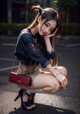 girl sitting on the ground with her hand on her face,cute girl, beautiful  girl squatting, prettygirl, cute girl, attractive  girl, beautifulhigh school girl,  full body illustration, a girl, cute waifu in a nice white miniskirt, long_hair, cute handbag, dark higheels, smiling to the camera,