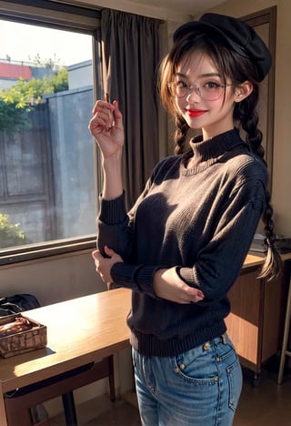 girl with glasses and a hat holding a small fountain pen, !!wearing glasses!!, young beautiful girl, dark brown hair, shining brown eyes, black sweter, white shirt with blue stripes sliding out from the bottom of the sweater to the jeans, sexy pose, soft skin, blushing, thin lips, ((tongue out)), glossy lips, seductive smile, perfect hands, large hair, two braiding hair falling back, full body portrait, high quality photo of a cute girl, cute girl, art and drawing class room background with art props, add_detail:0.4, a photo portrait of zzenny_n, zzenny_n-15:0.9, inside art classroom, dust bokeh particles, vivid colors, twin braids, eye reflection, sparkling eyes, pupils sparkling, seductive smile, tongue, super detail, high quality, highres