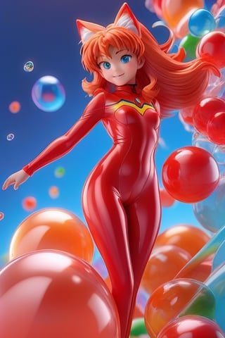 Detailed plastic material, best quality, (very detailed model), (best quality), octane rendering, ray tracing, translucent glossy material, very detailed, 3D toy, exaggerated giant hair, Asuka Langley from evangelion wearing red plugsuit, ((red latex fitted clothes)) (full body) (3D hair,  ((kids)), beautiful blue eyes, cute big eyes, cute face, pastel colors gradient, fluorescent translucent, colorful, plastic, children, transparent, product design , glowing jelly, delicate cute plastic, aesthetic light and shadow 3d, digital art, translucent plastic bubblegum, close-up, 3d, super detailed, generate front view, side view, rear view triple view, borderless, c4d, Octane rendering, Blender , HD, full body, smile, tshirt design, ,3d style,make_3d,Spirit Fox Pendant,photo r3al