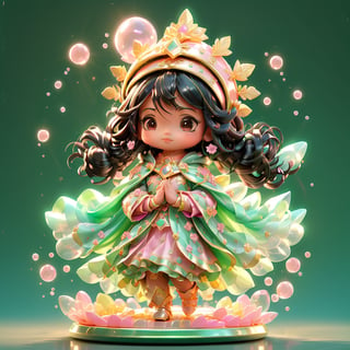 Virgen de Guadalupe, chibi girl, black hair Indian girl haircut, brown eyes, sweet expression, pink floral long tunic, green cloak with golden stars covering all body, hands together in prayer, transparent plastic, Mexican colors, glowing jelly, delicate cute plastic, aesthetic light and shadow 3d, digital art, translucent plastic bubble gum effect, light shine Phantasmal iridescent, inner glow, lensflare, cinematic light, pastel colors gradient, 3D toy design, triple view without borders, by Tvera and wlop and artgerm, alberto seveso and geo2099 style
,jennierubyjenes,DonMF43XL,chibi,flat design, behind her there are solar rays represented by a circle and pointy golden swords, she is been carried by a black haired cupid with wings ,3d style,3d figure