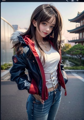 red jacket with white fur in hood, upper waist blue jeans, upper belly blue jeans, girl in a red dark jacket with white furr in hood, light brown eyes, little smile, watching to the camera, upper angle view, tilt angle camera view, blush face, hands in pocket, shiny neck accessories, upper waist jeans with a black top, attractive girl, female character, (1 girl), fashion artstyle, young girl, beautiful girl, seductive  girl, best girl,
 Japanese park, background, Japanese garden background.,4k, add_detail:1