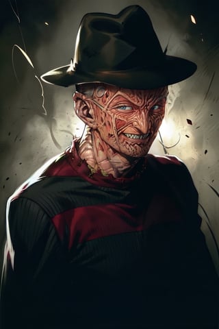 FREDKRUEG, Freddy Krueger, burnt face, red striped sweater, fedora, twisted grin, darkness, 