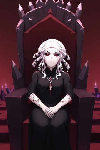 score_9, score_8_up, score_7_up,BREAK, 1girl, solo, Salem_RWBY, Red eyes, black sclera, facial mark, white hair, black dress, unamused look, throne,